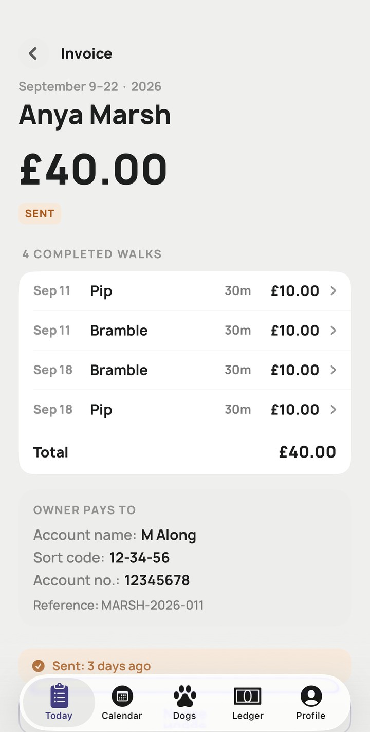Hound-Up's Invoice screen, showing a walk-by-walk breakdown and payment status